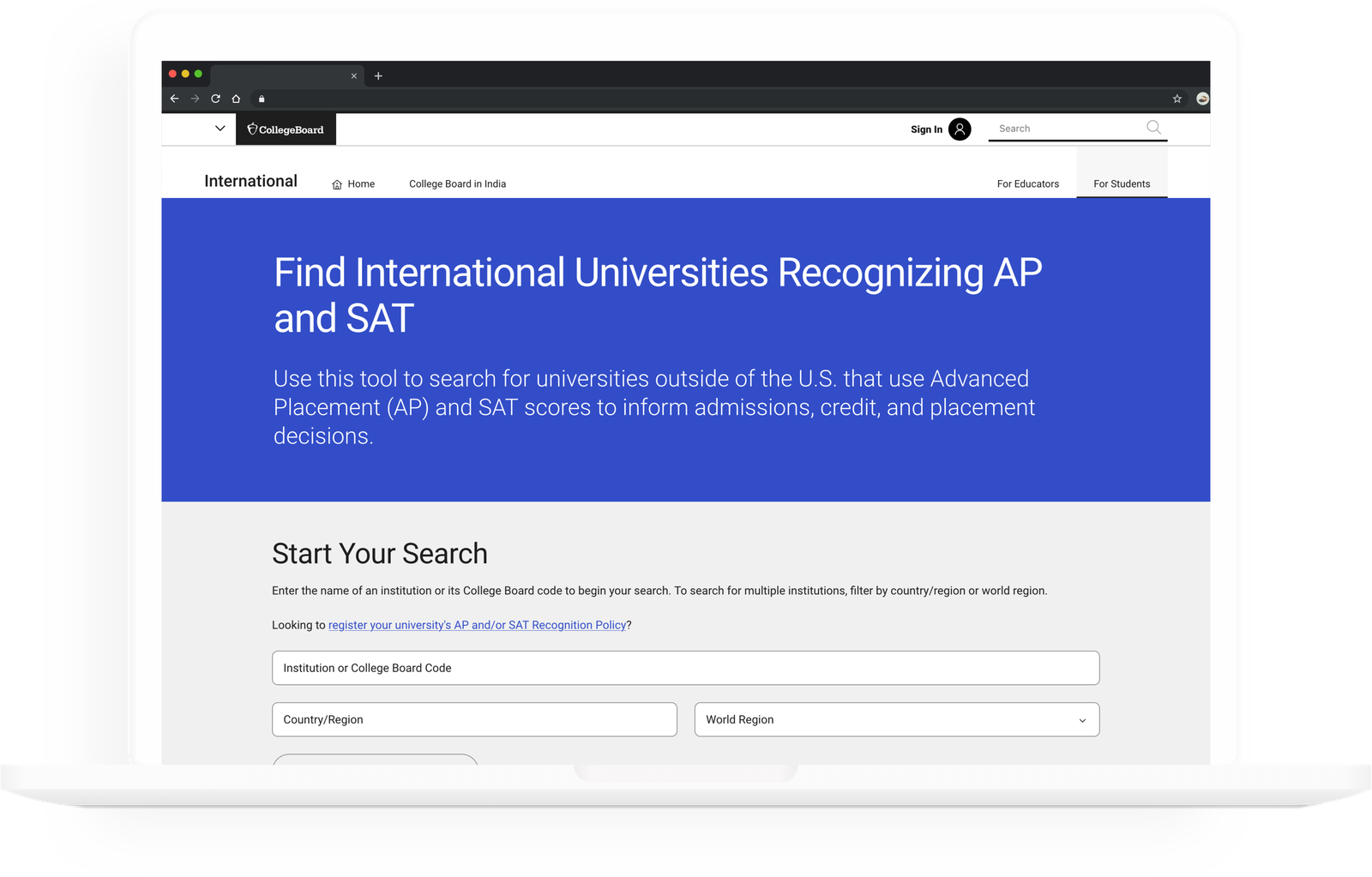 AP and SAT international recognition search mockup
