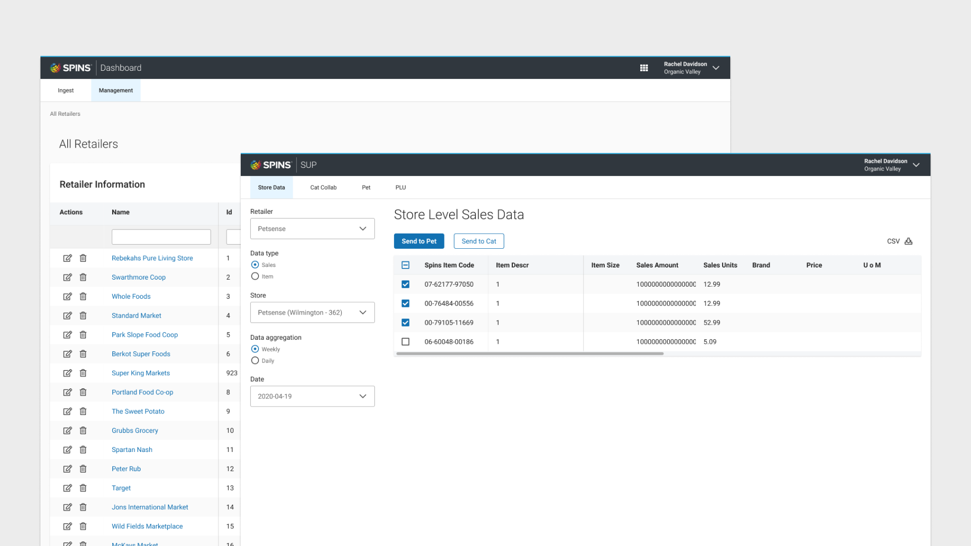 The original SPINS dashboard retailer list with the store-level sales data screen layered over it