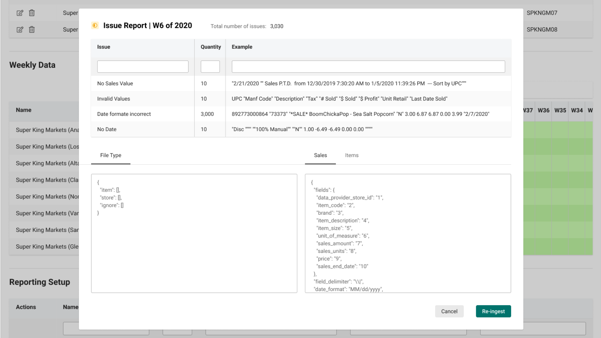 Issue report for week 6 of 2020 open as a modal over the weekly store data: 3,030 issues grouped by type with examples, the file type and sales configs, and a Re-ingest button