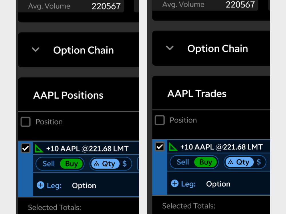 The same option chain panel labeled AAPL Positions on the left and AAPL Trades on the right