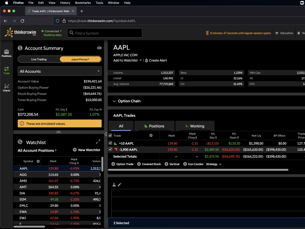 thinkorswim web with the watchlist and symbol search on the left and AAPL details on the right